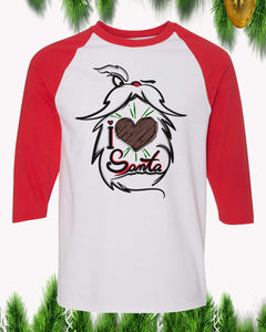 I Love Santa Christmas Raglan T-Shirt 3/4 Sleeve Adult Unisex - PrintMeLLC