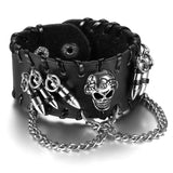 Mens Black Wide Leather Bracelet, Skull, Charm - PrintMeLLC